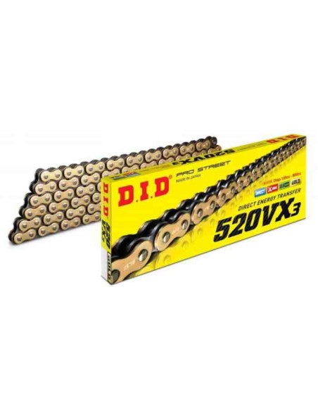 CADENA DID 520 VX3 REFORZADA X-RING 120 PASOS ORO CON ESLABON DE REMACHE